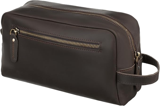 Awesometik Mens Travel Bag Toiletries Organizer Case for Grooming, Toiletry Bag for Men, Travel Essentials Shaving Dopp Kit, Geniune Leather Water Resistant Cosmetic Bag Pouch (Dark Brown)