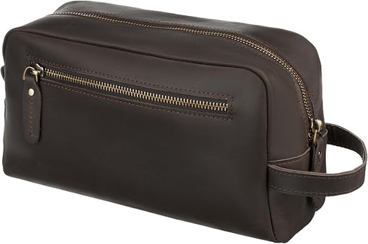Awesometik Mens Travel Bag Toiletries Organizer Case for Grooming, Toiletry Bag for Men, Travel Essentials Shaving Dopp Kit, Geniune Leather Water Resistant Cosmetic Bag Pouch (Dark Brown)