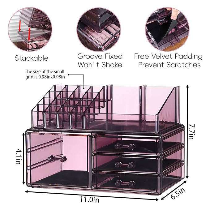 Cq acrylic Purple Makeup and Jewelry Organizer for Dresser Top,organization and Storage Drawer With 4 Drawers for Skin Care Beauty Product and Lotions Perfume Preppy Skincare Organizer Case,2 Pack