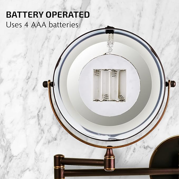 OVENTE 7" Lighted Wall Mount Makeup Mirror with 1X/7X Magnification, Cordless Double Sided Magnifying Round Vanity Mirror, 360° Swivel Design, Extendable and Folding Arm, Antique Bronze MFW70ABZ1X7X