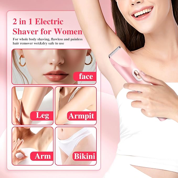 Glow Aura Womens Shaver 2 in 1, Glow Aura Electric Razor, 2 in 1 Women Electric Shaver Dual Head Bikini Trimmer for Women, IPX67 Waterproof Wet & Dry Use Body Hair Trimmer (Pink)