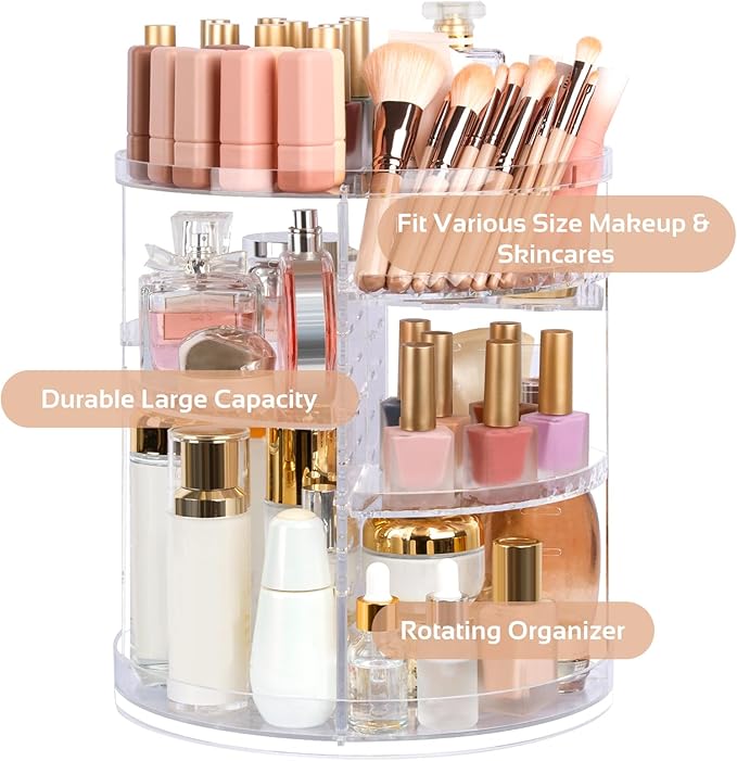 Boxalls Makeup Organizer Rotating Large Capacity, 360 Makeup Carousel with Brush Compartment, Clear Skincare Cosmetic Spinning Organizer with 7 Layers for Countertop Vanity Bathroom Bedroom