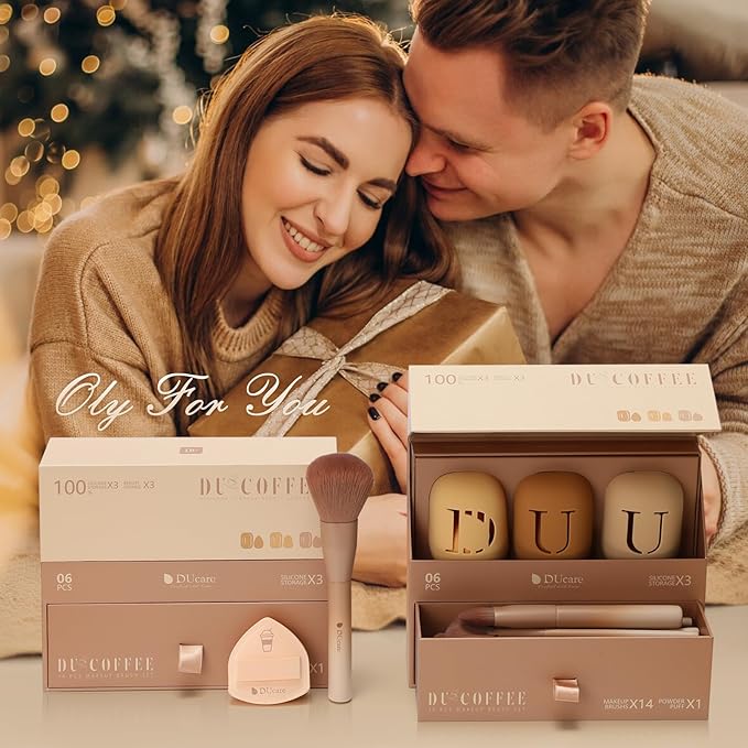 DUcare Makeup Brushes 14Pcs Coffee Series Makeup Brush set with Makeup Sponges Valentines Day Christmas Gifts Foundation Blending Face Powder Blush Eye Shadows Brushes