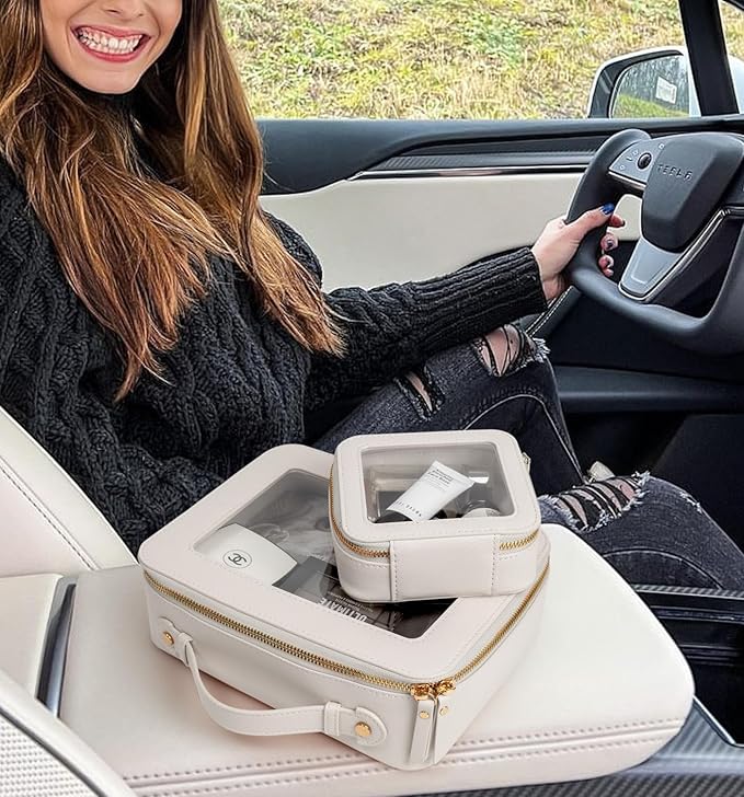 Clear Makeup Bags TSA Approved Toiletry Bag Handle Large Opening,Clear Toiletry Bags for Carry-on Traveling Travel Car Accessories Essentials Organziation Storage for Women Girls(White, Mini&Large)