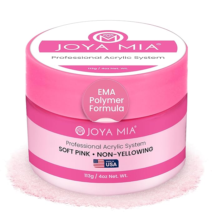 Joya Mia Acrylic Powder for Nails, MMA-Free, Super Adhesion Professional Powder for Flawless & Long-Lasting Nail Enhancements, Easy Application, Vibrant & Stunning Colors - Soft Pink, 4 oz