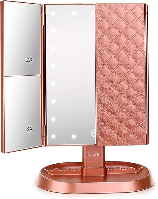 deweisn Trifold Lighted Vanity Makeup Mirror with 21 LEDs Lights,1x/2x/3x Magnification and Touch Screen Dimming,Two Power Supplies Makeup Mirror, Gift for Women