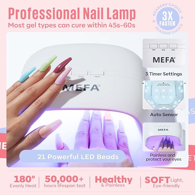 MEFA 54 Pcs Gel Nail Polish Kit with U V Light, 32 Colors Popular Soak Off Nude Pink Red Gel Polish Nail Set with Matte/Glossy Gel Top Base Coat Manicure Tools Nail Art Decorations DIY Salon Home Gift