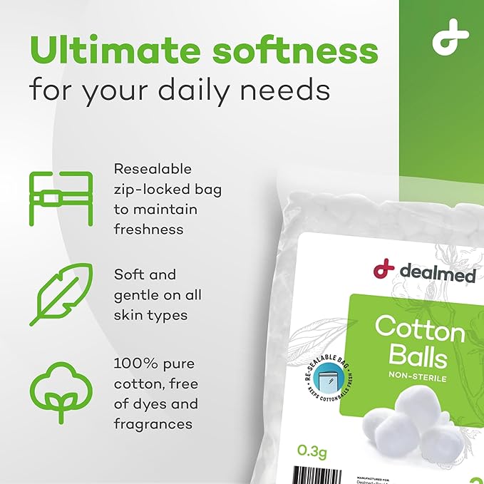 Dealmed Cotton Balls Soft Premium Conveniently Packed in Zip-Locked Bag, 300 Count (Pack of 1)