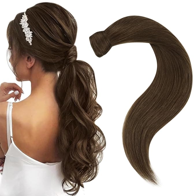 Easyouth Ponytail Extension Brown Human Hair Ponytail Extensions Wrap Around Ponytail Human Hair Pony Tails Hair Extensions Clip in Ponytail Extension Human Hair Milky Brown 16Inch 80g #4