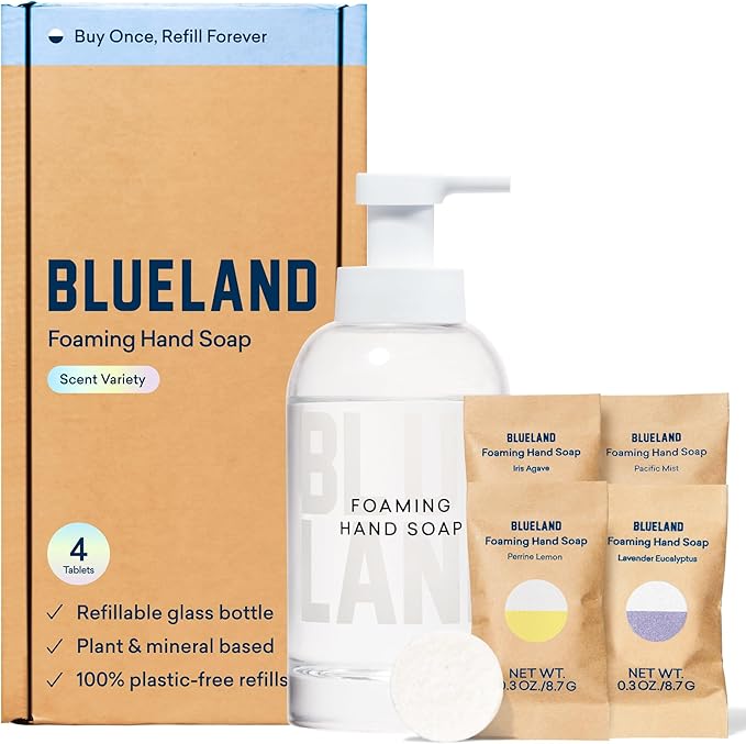 BLUELAND Hand Soap Starter Set, 1 Refillable Glass Foaming Hand Soap Dispenser with 4 Refill Tablets, Variety Scents, 4 x 9 Fl oz