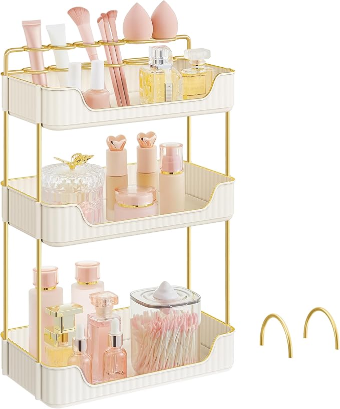 SONGMICS Makeup Organizer, 3-Tier Skincare Organizer Countertop, Customizable, 2 Types of Accessories, Jewelry Holder, for Vanity, Bedroom, Bathroom, Cloud White UJKA013W02