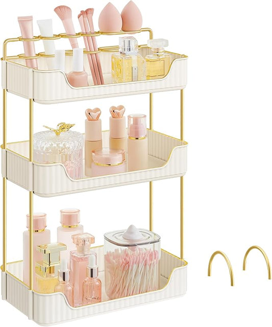 SONGMICS Makeup Organizer, 3-Tier Skincare Organizer Countertop, Customizable, 2 Types of Accessories, Jewelry Holder, for Vanity, Bedroom, Bathroom, Cloud White UJKA013W02