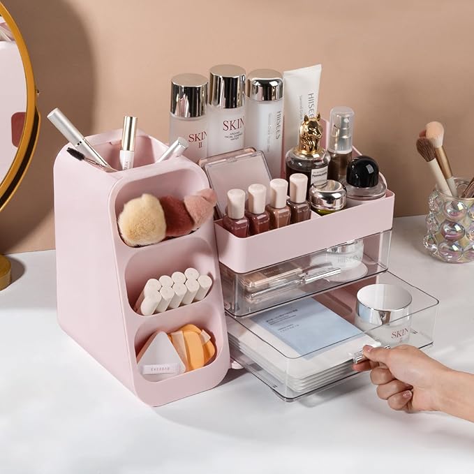 Anyoifax Makeup Organizer with Drawers Vanity Organizer Countertop with Brush Holder Large Perfume Organizer for Dresser Skin Care and Lotion Storage for Nail Polish, Lipsitck, Palettes, Pink
