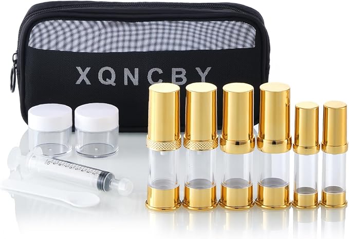 golden airless pump bottle with travel bag set with labels empty refillable cosmetic pump travel size containers hair oil, lotion and other liquids 5ml 10ml 15g(12 Packs)