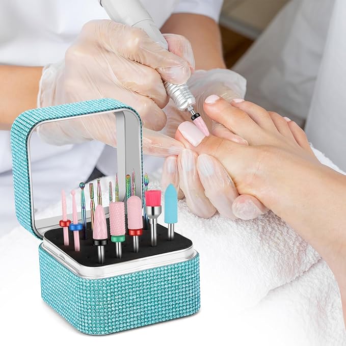 15Pcs Nail Drill Bits Set with Storage Box, 3/32 Inch Tungsten Ceramic Diamond Carbide Nail Drill Bits for Acrylic Gel Polish, Cuticle Efile Remover for Manicure Pedicure