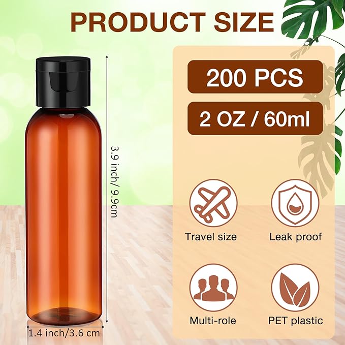Zhehao 200 Pcs 2 oz Clear Plastic Empty Bottles Small Travel Size Bottles with Flip Cap Empty Transparent Dispenser Container for Liquids Toiletries Shampoo Lotion (Black Cap, Brown Bottles)