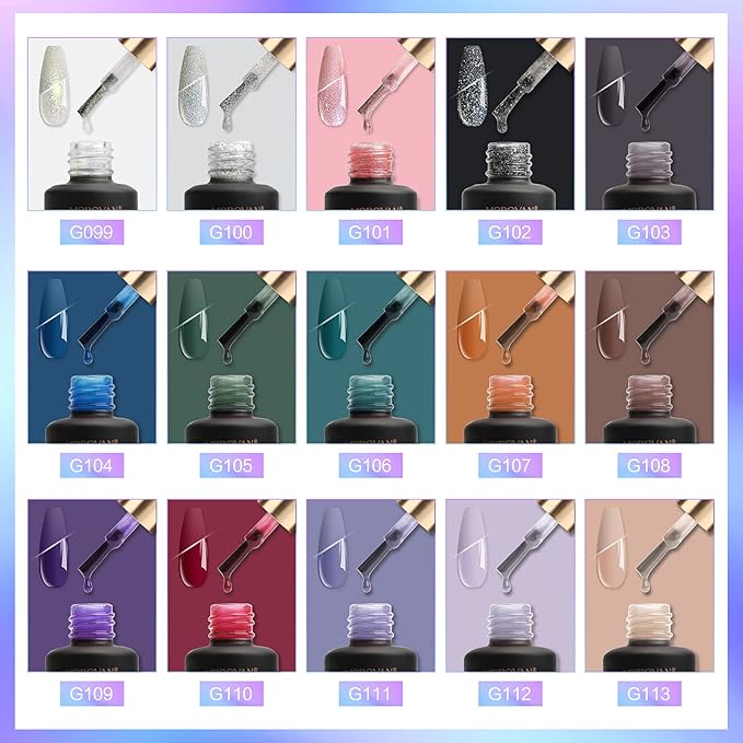 Morovan Gel Nail Polish Set: With U V Light Green Purple Glitter Gel Nail Polish Kit 15 Colors Gel Polish Kit Art Manicure for Starter at Home Salon