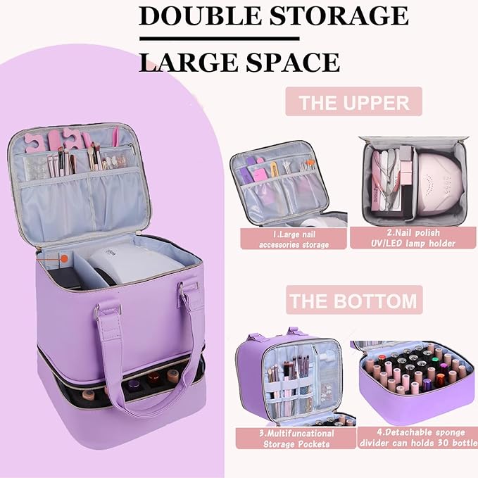 Nail polish Case, Nail Polish Organizer Bag and Nail Dryer Case Holds 30+ Bottles (15ml/0.5 fl.oz) and a Nail Lamp, Travel 2 Layer Nail Polish Storage with Sturdy Handles(Purple)