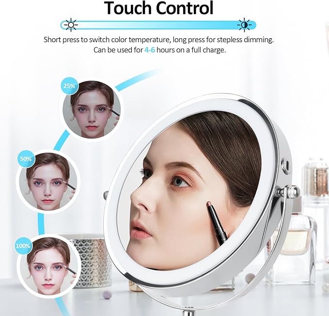 8" Makeup Mirror with Lights, Rechargeable 1x/10x Magnifying Mirror with 3 Colors, 360° Rotation Double Sided Rechargeable Desk Cosmetic Mirror, Touch Dimming LED Lighted Makeup Mirror