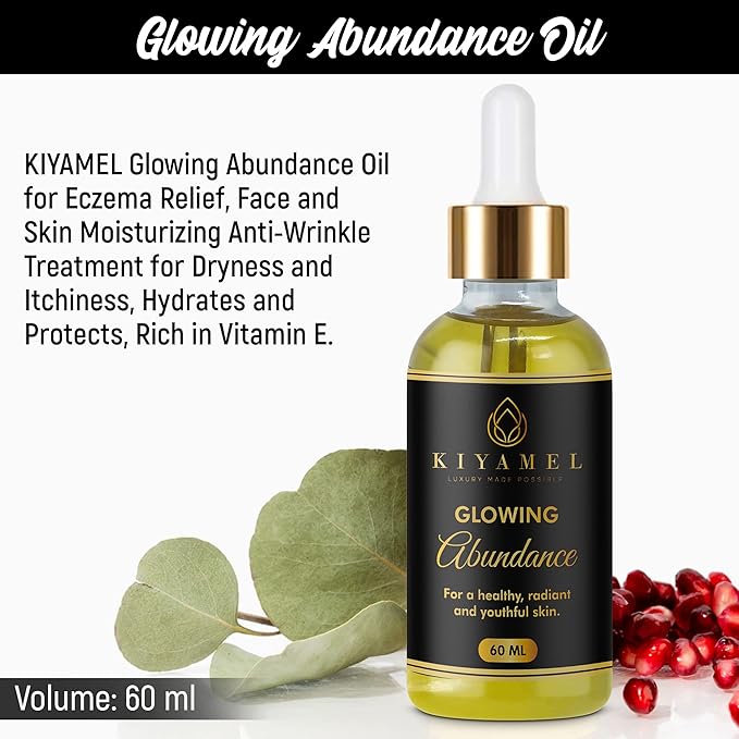 Glowing Abundance Oil for Eczema Relief, Face and Skin Moisturizing Anti-Wrinkle Treatment for Dryness and Itchiness, Hydrates and Protects, Rich in Vitamin E