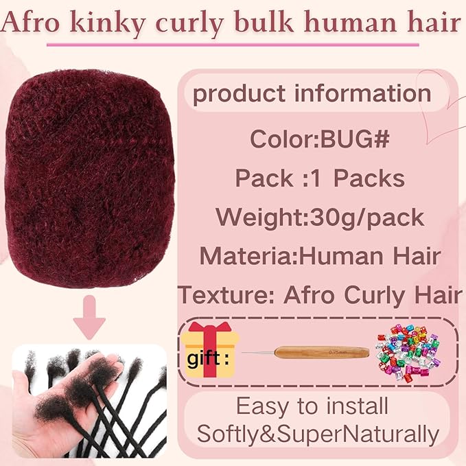 Afro Kinkys Bulk Human Hair for Dreadlock Extensions,Repair Locs, Twists and Braids, 30 Gram Each Package 100% Human Hair Afro Kinky Bulk Can be Dyed and Bleached (99J# 8inch)