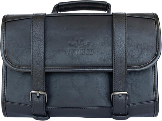 Vetelli Leather Toiletry Bag for Men - Water Resistant, 2 Zippered Internal Pockets, 2 Snap-Fastened Internal Pockets, and Hanging Hook. (Black)