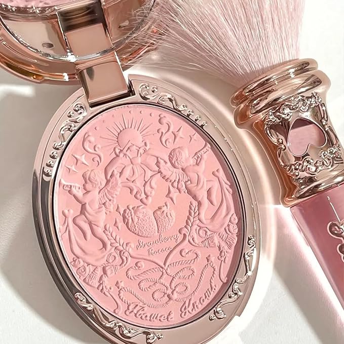 Flower Knows Strawberry Rococo Embossed Blush,Pink Matte Finish,Buildable & Blendable Makeup Blush for cheeks,Soft & Long-lasting for Girls & Women(01 Angel Chanson, 5g)