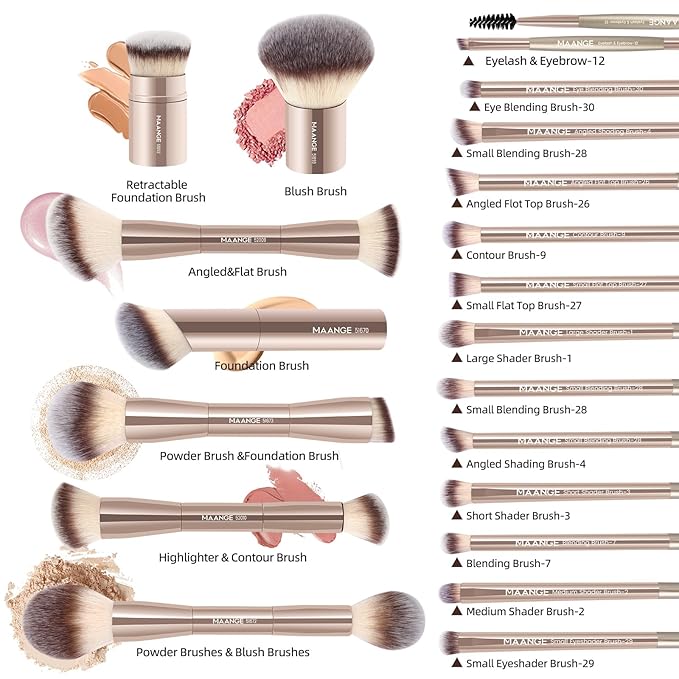 MAANGE 20 Pcs Makeup Brushes with Gift Box, Double-End Multi-functional Makeup Brushes for Blending Liquid Powder Concealer Cream Blush Buffe,Champagne