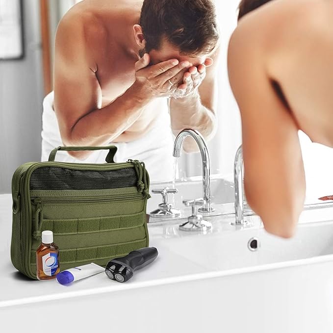 SMONT Mens Toiletry Travel Bag With Double Side full Open Design Travel Toiletry Organizer Dopp Kit Shaving Hygiene Bag Bathroom Hanging Toiletry Bag for Short Trips Tactical Toiletry Bag Army Green