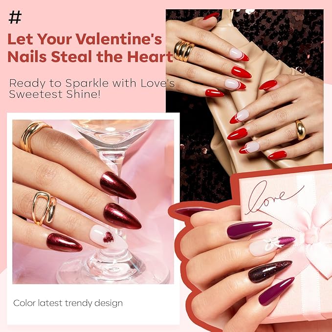 modelones Christmas Nail Polish Set 6 Colors, Dark Red Cat Eye Burgundy Glitter Quick Dry Mini Nail Lacquer Kit Magnetic Maroon Purple Cherry Red Winter DIY Home Nail Art Manicure Gift for Women Girls