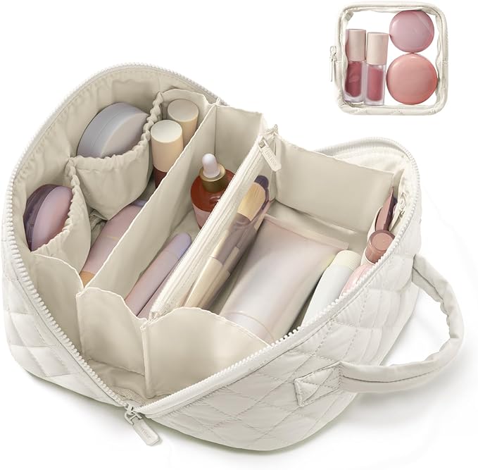 LOVEVOOK Travel Makeup Bag for Women, 2Pcs Set Puffer Waterproof Cosmetic Organizer, Large Capacity Pouch Open Flat Toiletry Bag with Divider & Handle, Portable Gift for Her, Beige