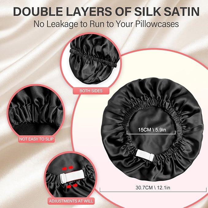 22 Momme 100% Mulberry Double Silk Bonnet for Sleeping Women Double Layer Lined Stay On Head for Hair Care with Adjustable Elastic Band Non-Slip Silk Turban Curly Hair Silk Hair Cap Black
