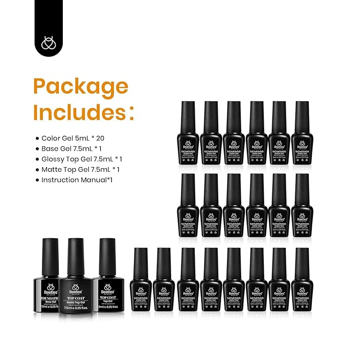 Beetles Gel Polish Nail Set 20 Pcs Fall Winter Colors Orange Red Navy Blue Glitter Fall Yard Collection Soak Off LED UV with Gel Base and Top Coat Nail Art Manicure Gift for Girls Women