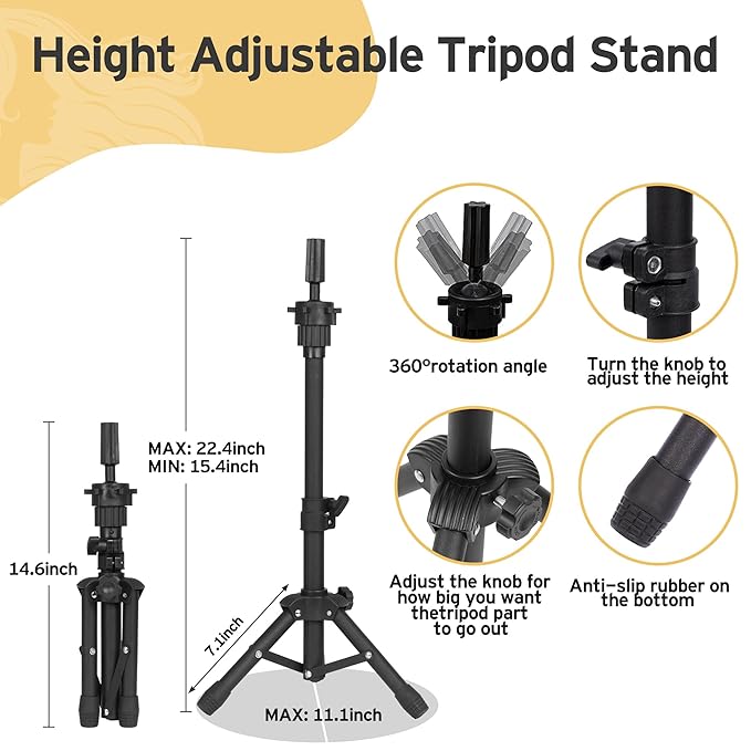 Klvied Wig Mannequin Stand for Desktop, Dual-use 22 Inch Canvas Wig Head Display, Adjustable Clamp Wig Holder, Manikin Head Stand Set for Cosmetology Hairdressing Training with Carrying Case