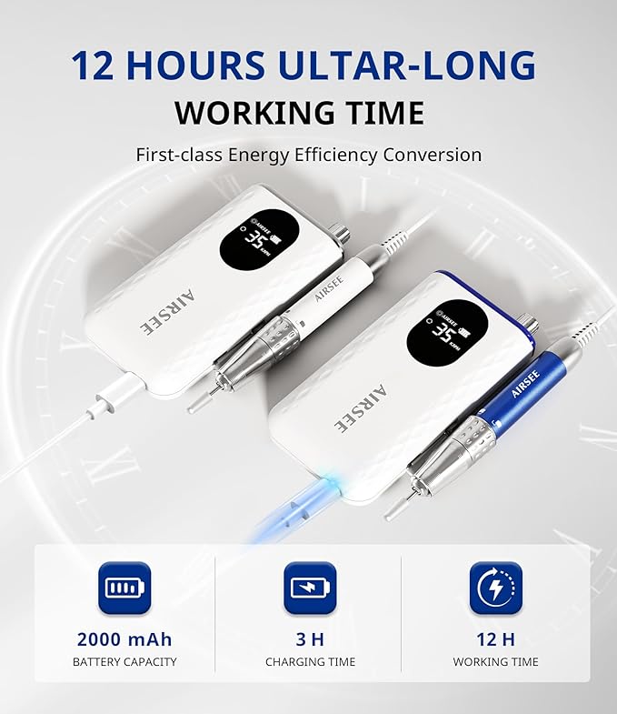 AIRSEE Updated Professional Nail Drill,Rechargeable Cordless Efile Machine for Acrylic Extension Gel Dip Powder Powerful Portable Efile 56 Sanding Bands 7 Bits,Low Noise Low Heat,G7 Blue