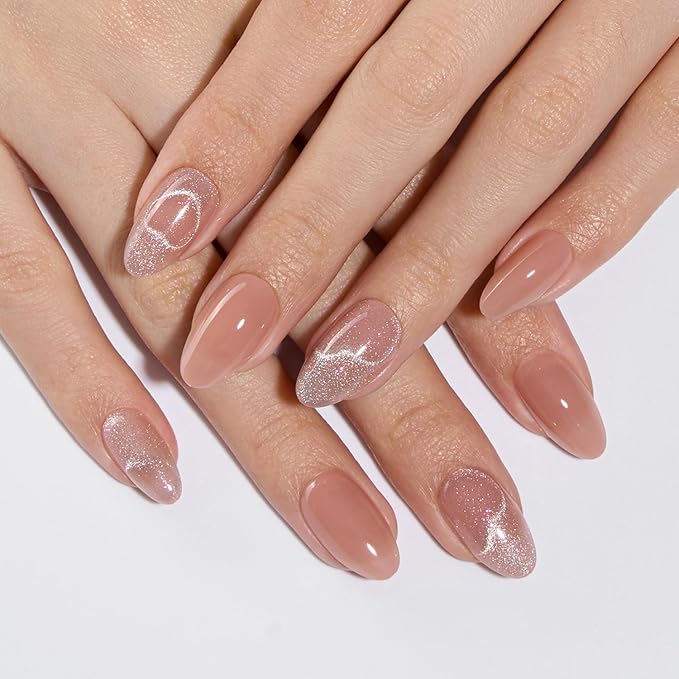 VSALON 42 Count Almond Press-On Nails, 32 PCS Pink French Tip & Cat Eye Nails, 2 Sets of 21 PCS Each, Full Well Tips, Plastic Material, False Nails, Up to 28 Days Wear, UV Glue Included