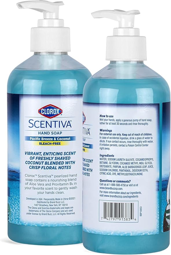 Clorox Scentiva Liquid Hand Soap 14 oz Liquid Hand Wash with Vitamin B5 | Bleach Free Scented Hand Soap for Kitchen or Bathroom, Pacific Breeze & Coconut Scent with Aloe Vera, 14 Fl Oz - 2 Pack