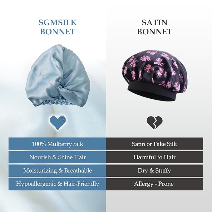 Silk Bonnet for Sleeping Women, 100% Mulberry Silk Sleep Cap with Elastic Band, Real Mulberry on Both Sides, Light Blue