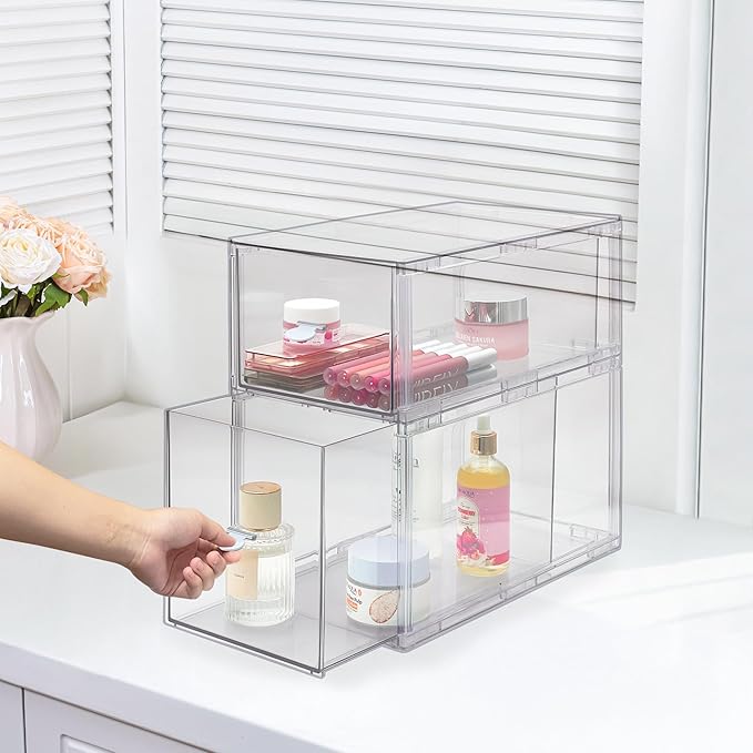 Stackable Storage Drawers Set of 2, Clear Makeup Organizer for Vanity, Acrylic Cosmetic Display Cases, Large Capacity Makeup Organizer Countertop, Undersink, Kitchen Organization and Storage