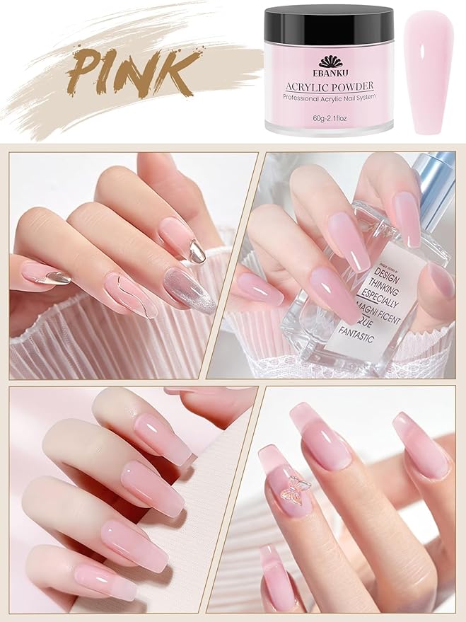 EBANKU Acrylic Nail Powder Set, 2 Colors Pink & White, Professional Powder for Nail Extension, Carving, Long-Lasting, No Lamp Needed, 2.1 oz