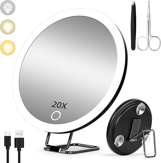 20X Magnifying Mirror with Light, Large 6'' Rechargeable 3 Colors Dimming Lighted Magnified Mirror with 3 Suction Cups and 360° Table Stand, Vanity Makeup Mirror with Tweezers & Scissors