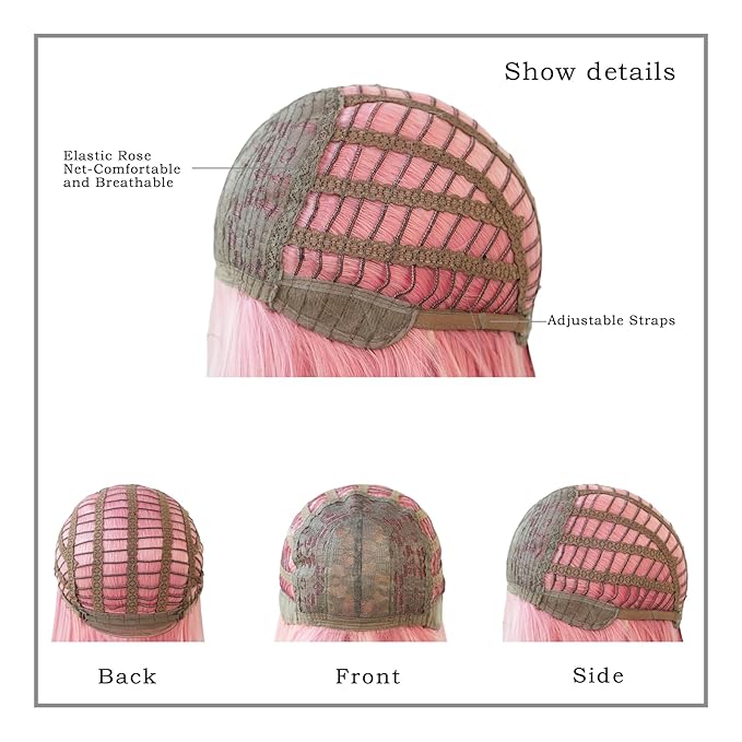 7JHH WIGS Long Wavy Wig Pink and Black Layered Wig with Curtain Bangs, Synthetic High Density Heat Resistant Hair Straight Wig ends dyed black for Daily Party 25 Inches