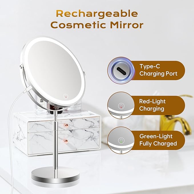 9" Makeup Mirror with Lights, 1x/20x360° Rotation Vanity Mirror, 5000mAh Rechargeable Double Sided Mirror with 3 Colors, Brightness Adjustable Lighted Makeup Mirror with Magnification, Women Gift