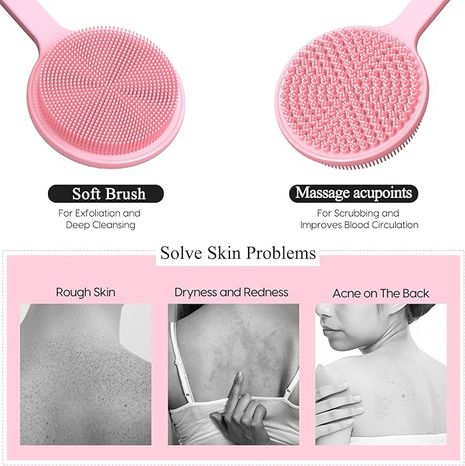 VWMYQ Silicone Back Scrubber for Shower, 17in Lengthen Long Handle Body Brush, Double Sided Shower Brush for Shower Exfoliating and Massage Can Produce Rich Foam, Long Handle Back Scrubber for Men