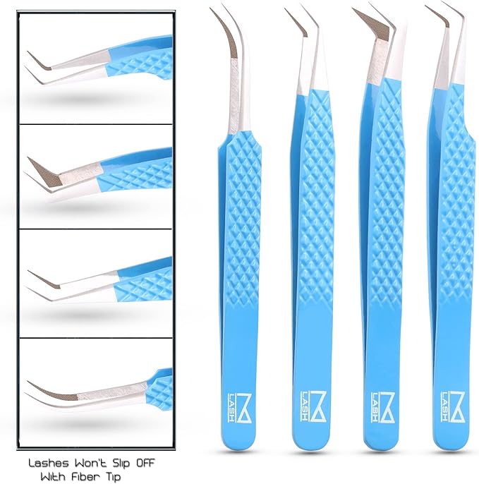 M LASH Tweezers for Eyelash Extensions (Set of 4) - Professional Lash Extension Tweezers - Fiber Tip, Japanese Steel, Diamond Grip Eyelash Extension Tweezer (Tranquil Blue)