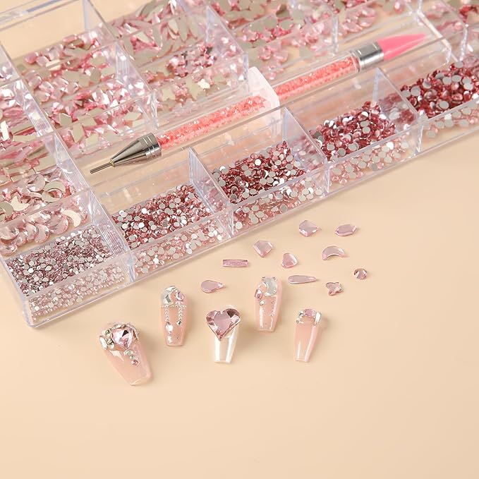 600 Multi-Shape Rhinestones + 3800 Flat Diamonds Mix 20 Styles of Flat Rhinestone Crystals 3D Decorative Flat Stone Gemstone Set + Drill Pen. Suitable for Nail Art.