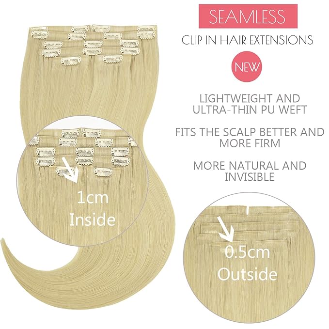 Loxxy Seamless Hair Extensions - 14Inch 110Gram 7Pcs Bleach Blonde #60 Highlights Clip in Human Hair Invisible PU Double Weft Natural Tape Clip in Human Hair For Women