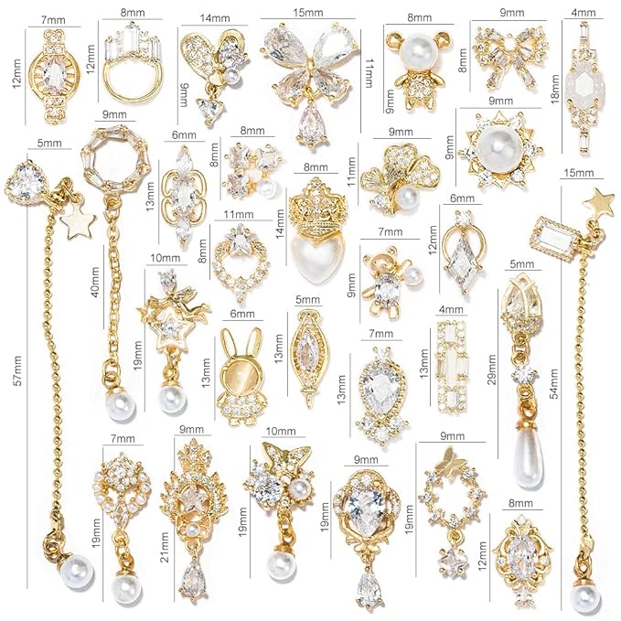 30Pcs Nail Art Crystal Pearl Charms Mix Shapes Zircon Dangle Rhinestones Nail Jewelry 3D Dangle Nail Charms Crystal Metal Nail Gems Nail Flowers Jewelry Studs for Nail DIY