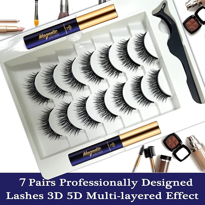 Magnetic Eyelashes with Eyeliner Kit - 7 Pairs 3D Short Magnetic Lashes with 2 Tubes of Liner Waterproof, Natural Look,Long Lasting, Easy Reusable Fake Eyelashes