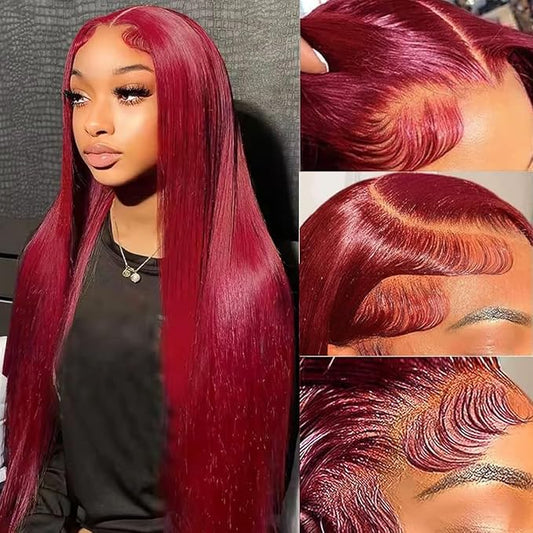 99j Burgundy Lace Front Wigs Human Hair 13x4 HD Lace Front Wigs Human Hair Pre Plucked Wine Red Colored Straight Human Hair Wigs for Black Women 200% Density Glueless Lace Frontal Wigs 22 Inch